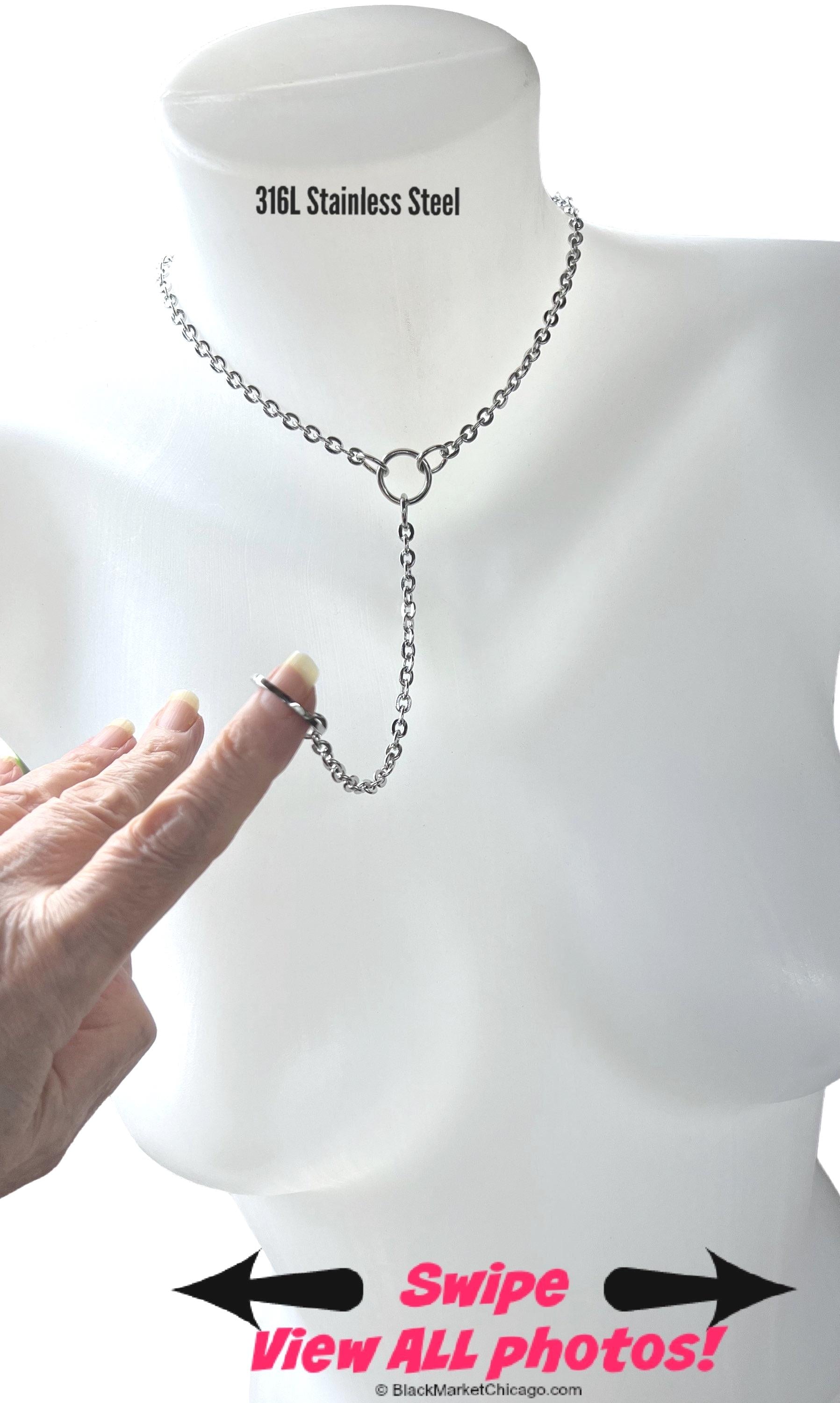 Submissive Day Collar w Chain Lead and Ring, 24/7 Permanent Lock Option, All Stainless Steel