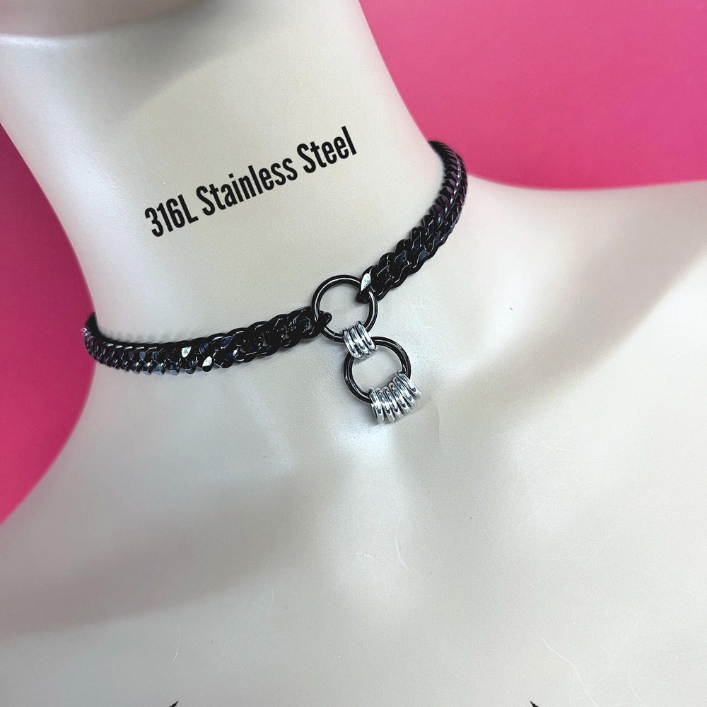 Submissive Day Collar, Permanently Lock Option, or Elegant Mistress Necklace, BLACK Stainless Steel Chain with O-Rings