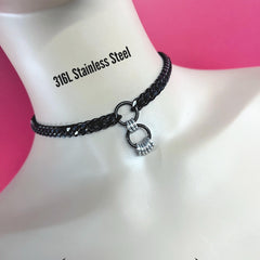 Submissive Day Collar, Permanently Lock Option, or Elegant Mistress Necklace, BLACK Stainless Steel Chain with O-Rings