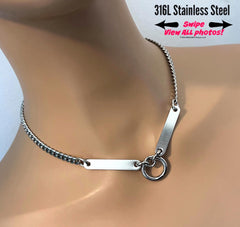 bdsm discreet day collar; 18mm center o-ring, steel stabilizing side bars, constant wear; waterproof collar stainless steel; edgy streetwear look with an alt aesthetic vibe; permanent clasp optional.