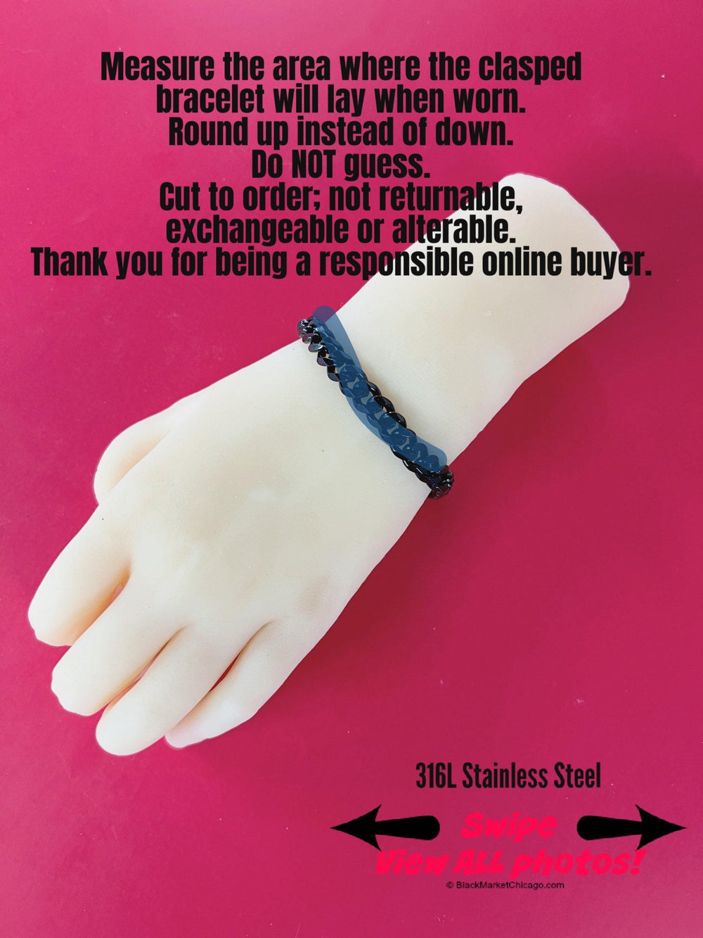 Black Chain Day Collar Bracelet, All Stainless Steel, 24/7