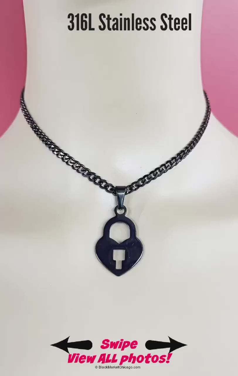 Sub Day Collar, 24/7 Waterproof, Faux Padlock Pendant, All Black Stainless Steel