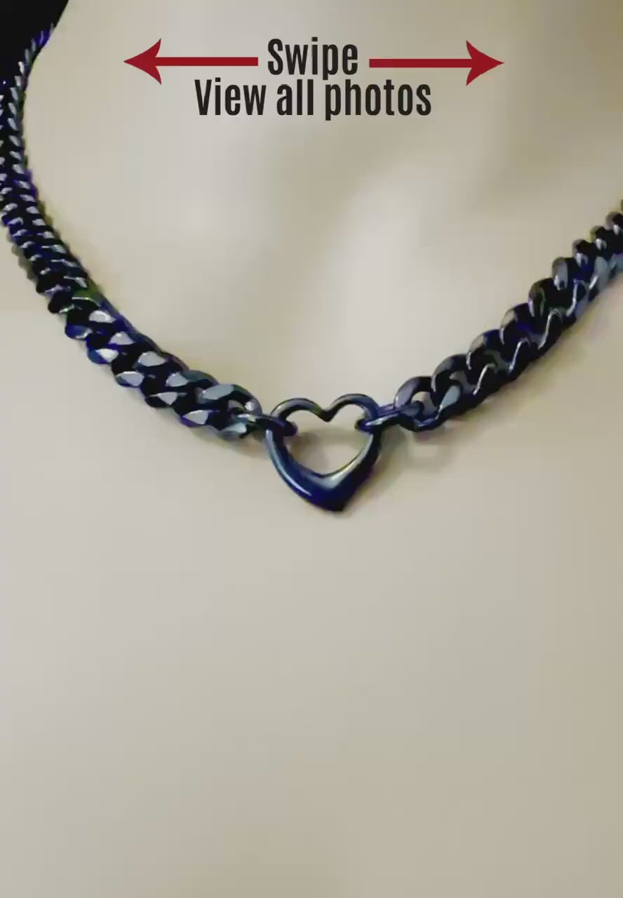 Discreet Day Collar, Black Chain & Heart, Elegant Necklace, Stainless Steel, 24/7,  Lock Option