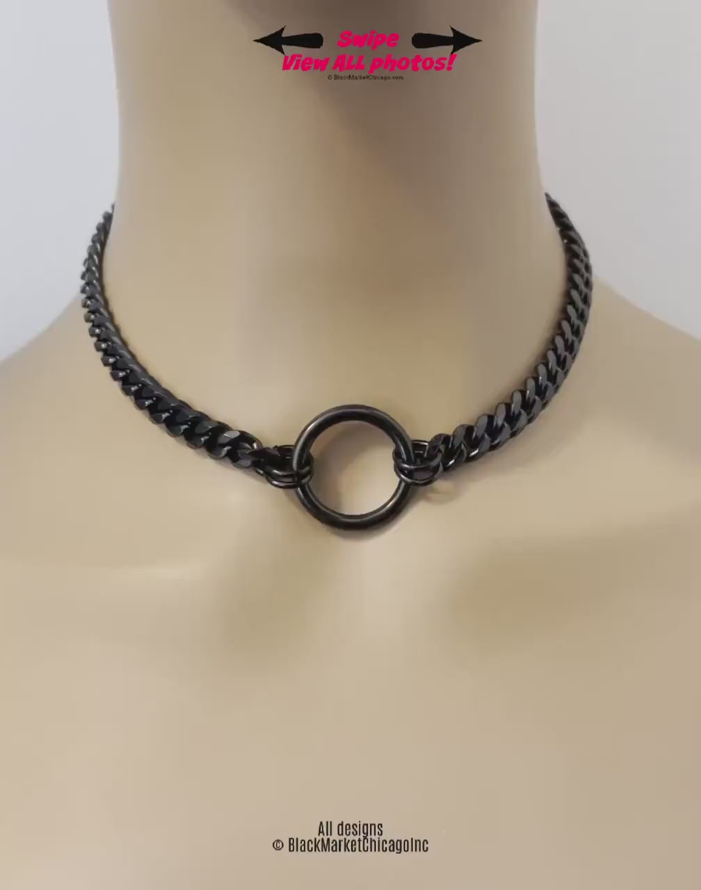 Day Collar, BLACK Seamless Ring & Chain, Discreet Stainless Steel, Waterproof 24/7