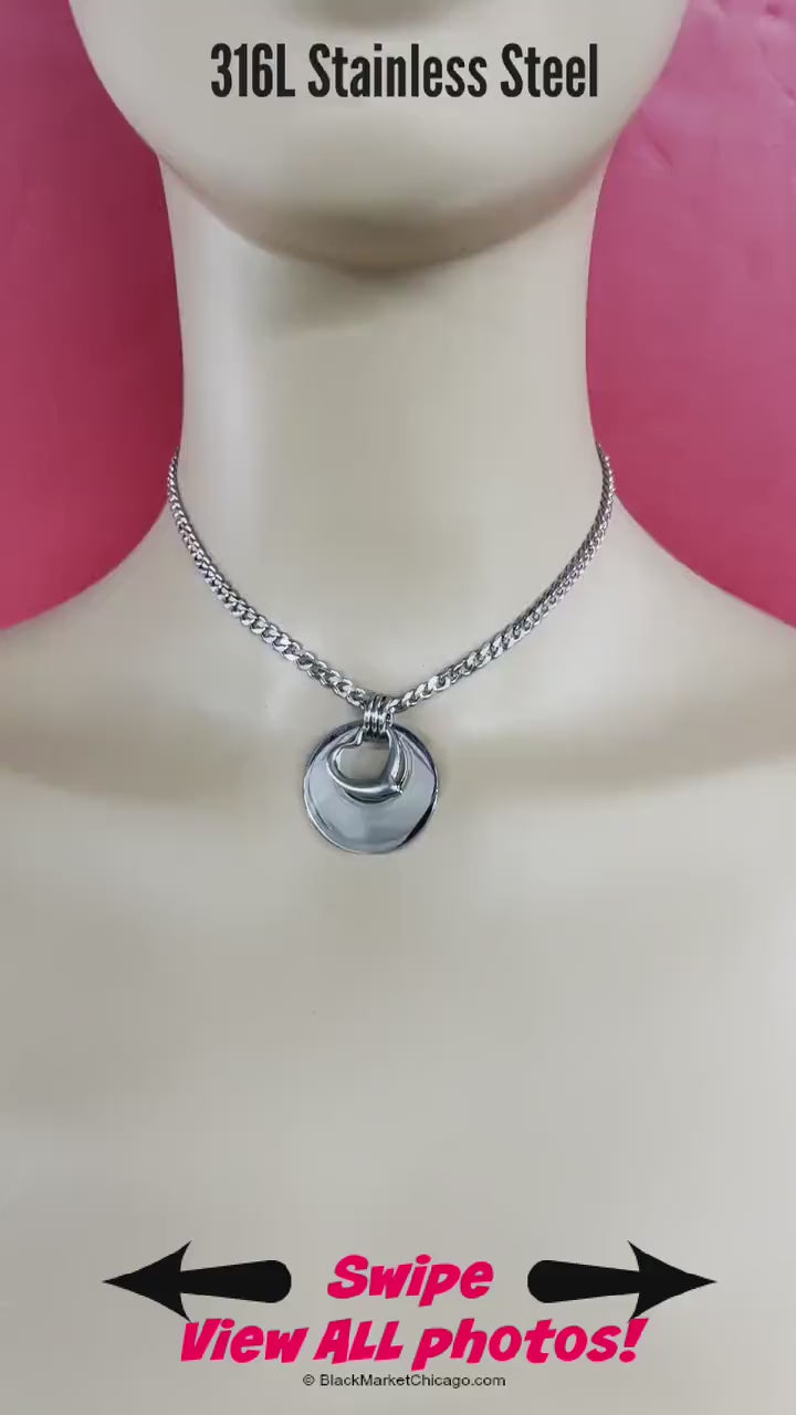 Day Collar, 24/7 Stainless Steel, Layered Heart Ring Pendant, Lock Option