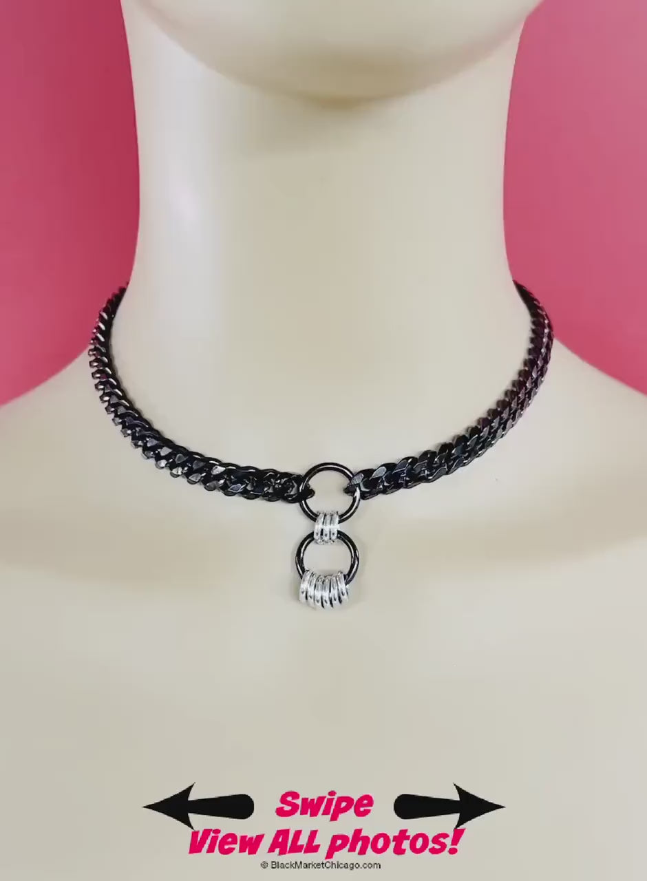 Sub Day Collar Choker, 24/7 Lock Option, Stainless Black & Silver Steel