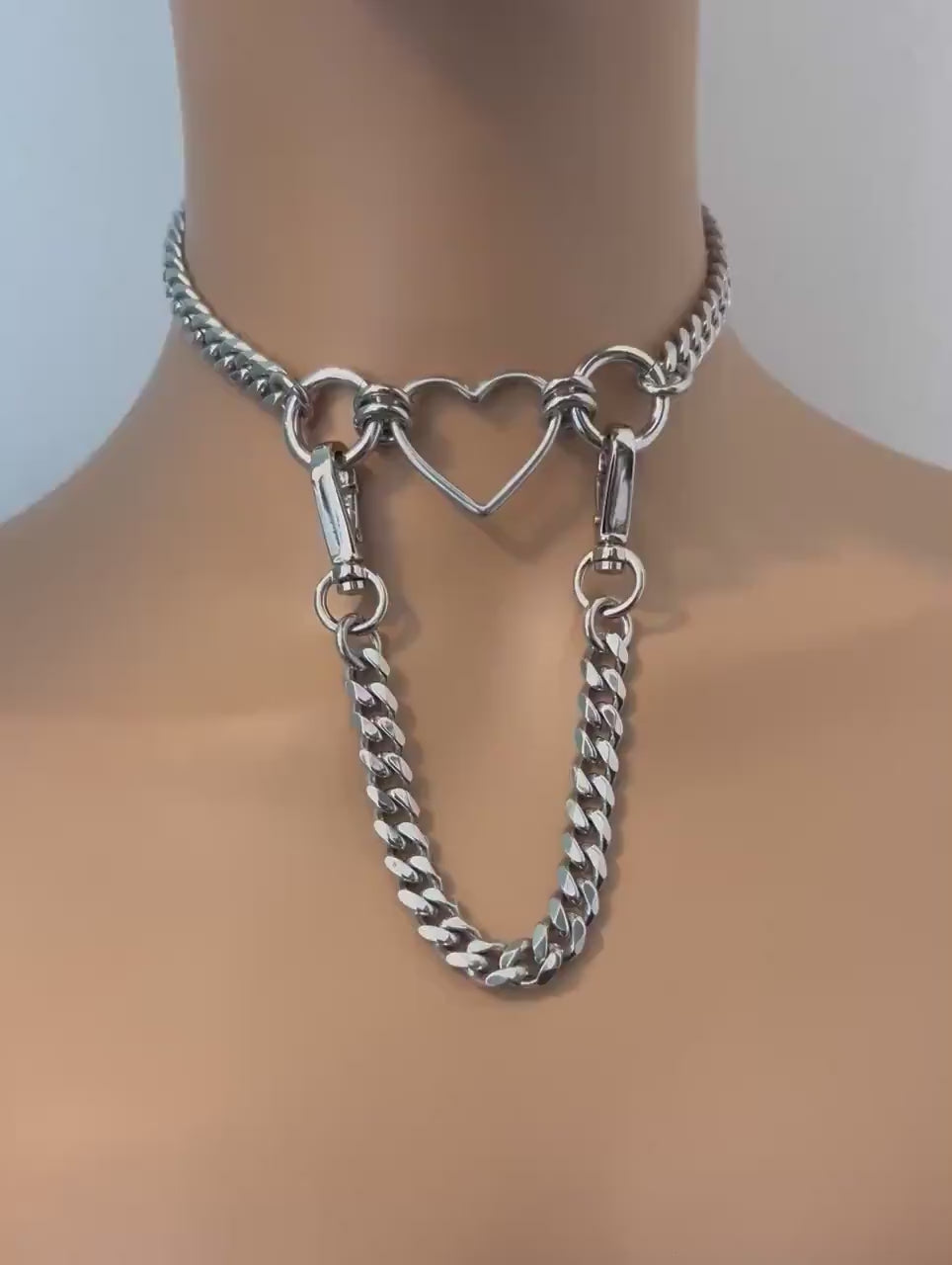 Chain Lead Day Collar, Heart, Rings, Stainless Steel, Industrial Grunge