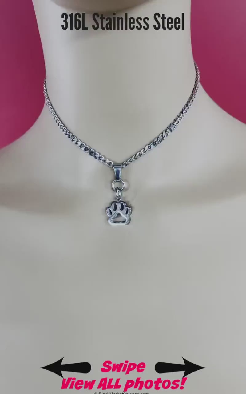 Kitten or Puppy Paw Print Pendant Necklace, 24/7 Waterproof, All Stainless Steel, permanent lock option