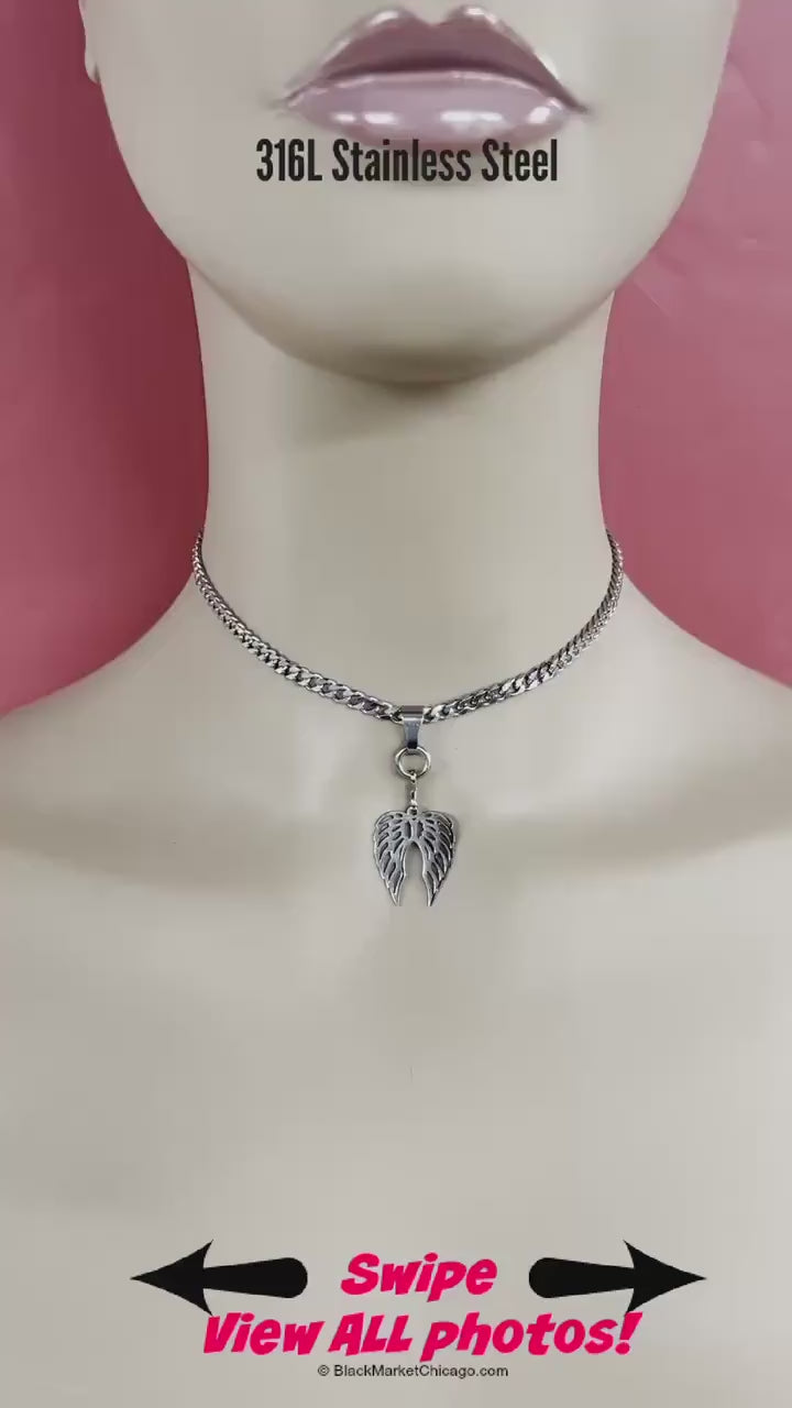 Sub Day Collar, 24/7 Locking, Angel Wings, Stainless Steel