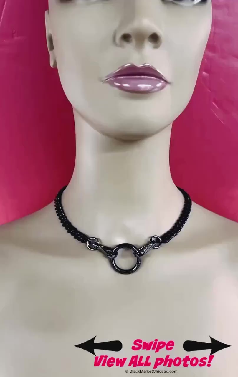 Sub Day Collar Stainless Steel Black Curb Chain & Ring 24/7 Waterproof Swivel Snap Closure