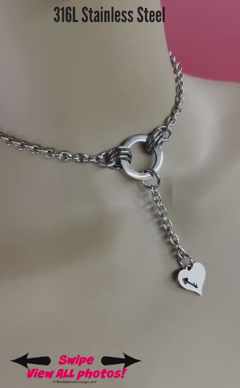 Sub Day Collar, O-Ring Heart Pendant, 24-7 Wear, Permanent Locking OPTION, Stainless Steel
